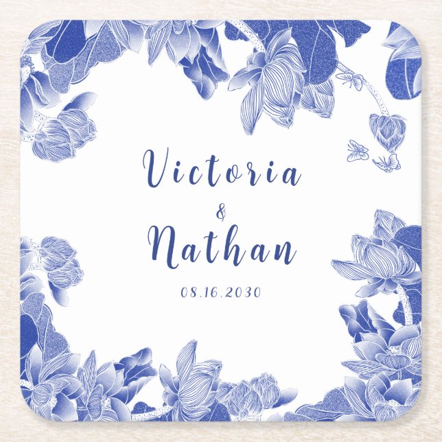 Classic Blue and White Chinoiserie Floral Wedding Square Paper Coaster (Front)