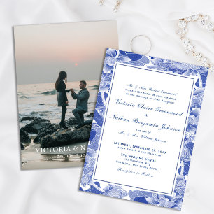 Classic Blue and White Chinoiserie Photo Wedding Invitation