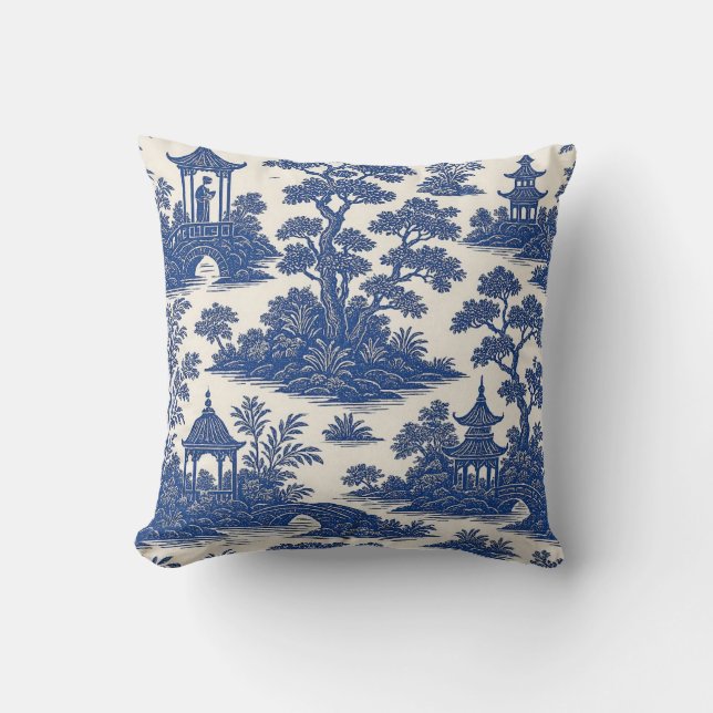 Classic Blue and White Chinoiserie Toile Pattern Cushion (Front)