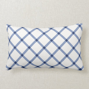 Classic Blue and White Diagonal Check Plaid Accent Lumbar Cushion