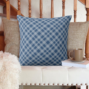 Classic Blue and White Diagonal Check Plaid Cushion