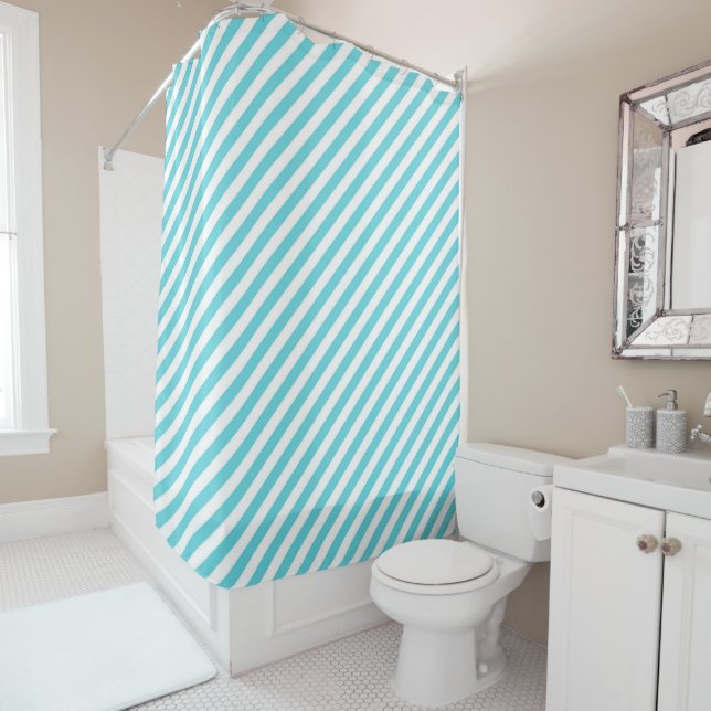 Classic blue and white diagonal stripes shower curtain (In Situ)