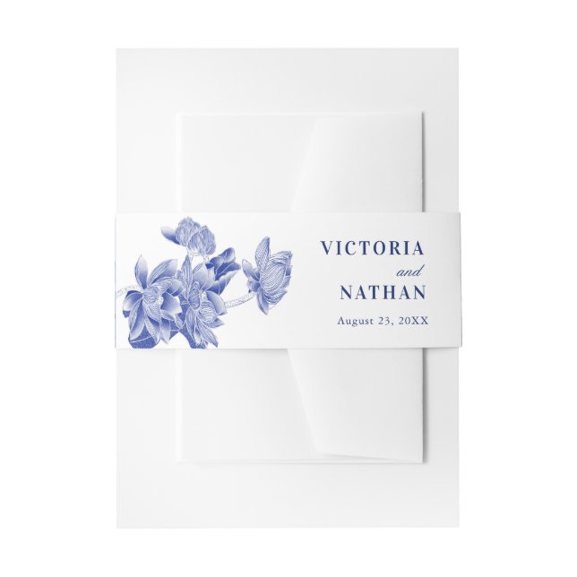  Classic Blue and White Floral Wedding Invitation  Invitation Belly Band (Front Example)