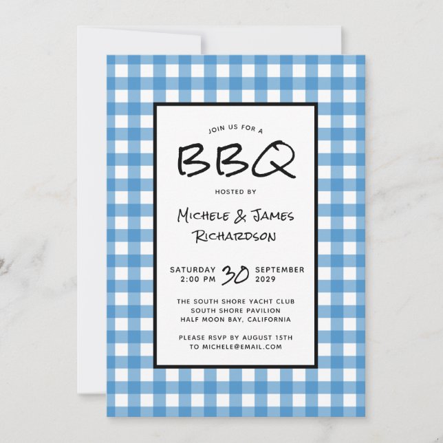 Classic Blue and White Gingham BBQ Picnic Party Invitation (Front)