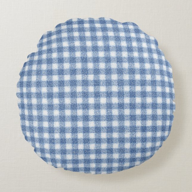 Classic Blue and White Gingham Check  Round Cushion (Front)