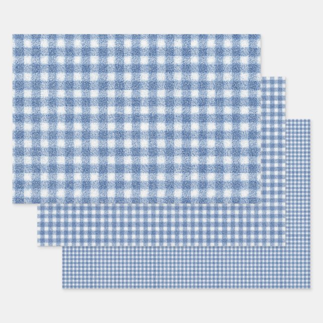 Classic Blue and White Gingham Check  Wrapping Paper Sheet (Set)