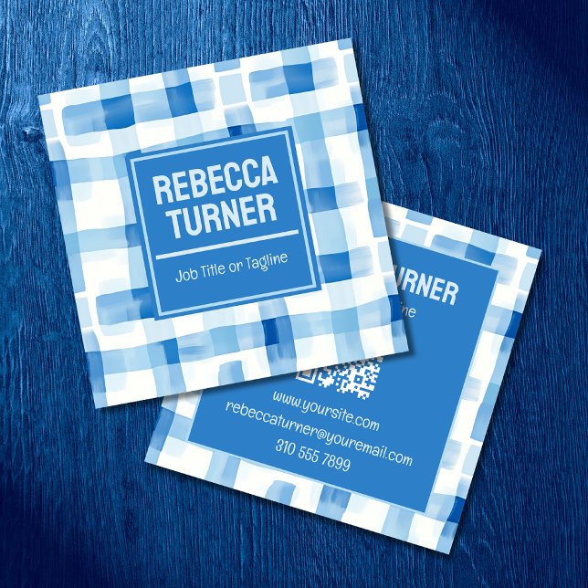 Classic Blue and White Gingham Chequered , QR Code Square Business Card (Creator Uploaded)