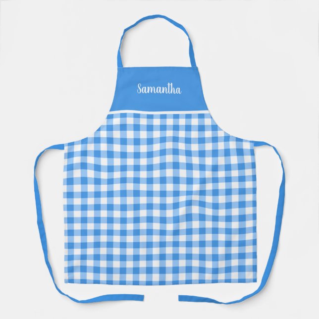 Classic Blue And White Gingham Name Personalized Apron (Front)