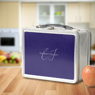classic blue and white minimalist name customized metal lunch box