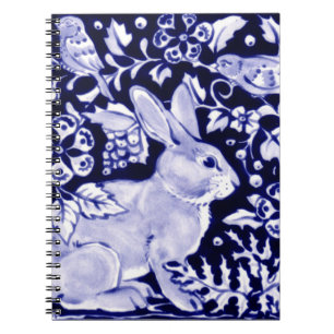 Classic Blue and White Rabbit & Birds Floral Navy Notebook