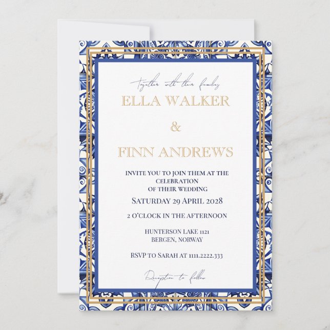 Classic Blue And White Spanish Tile Invitation (Front)