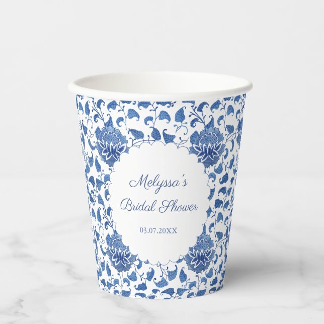 Classic Blue And White Watercolor Bridal Shower Paper Cups (Front)