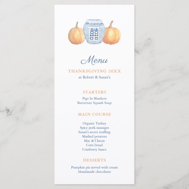 Classic Blue And White With Pumpkins Thanksgiving  Menu (Front)