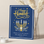 Classic Blue and Yellow Menorah Happy Hanukkah Holiday Card<br><div class="desc">Send your Wishes with this Holiday Card that feature a Stunning Happy Hanukkah Script and Menorah Candles to highlight your greeting message.</div>