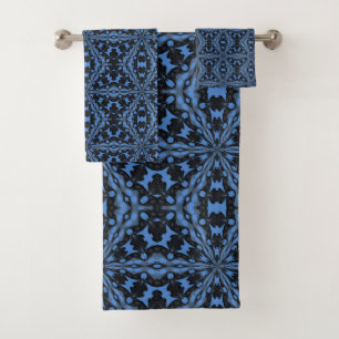 Classic Blue Black and Denim Geometric Tile Patter Bath Towel Set