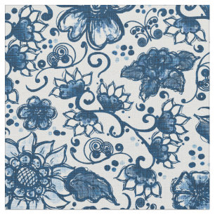 Classic Blue Boho Flowers Fabric