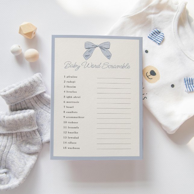 Classic Blue Bow Baby Shower Word Scramble Game Invitation (Creator Uploaded)