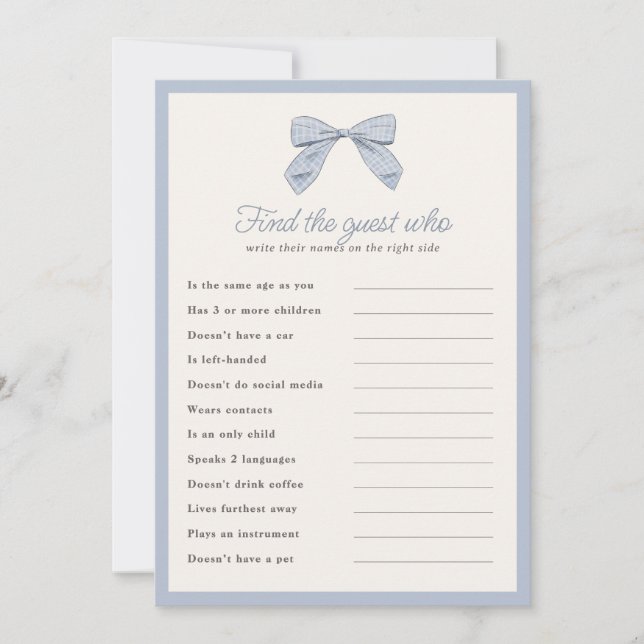 Classic Blue Bow Find the Guest Shower Game Card (Front)