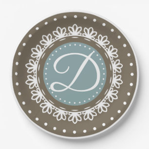 Classic blue brown monogram birthday party paper plate