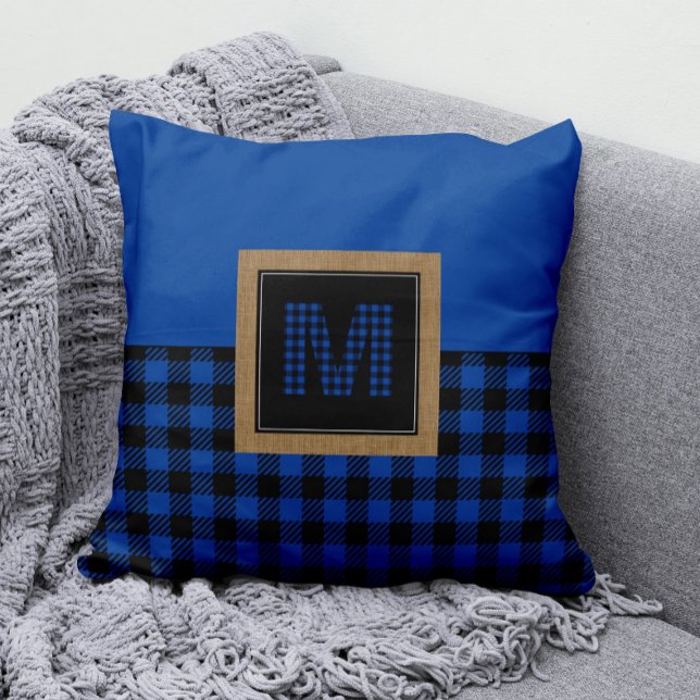 Classic Blue Buffalo Plaid Gingham Monogram Cushion (Monogram Blue and Black Buffalo Check Pillow )
