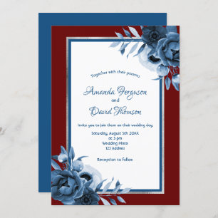 Classic blue burgundy florals silver wedding invitation