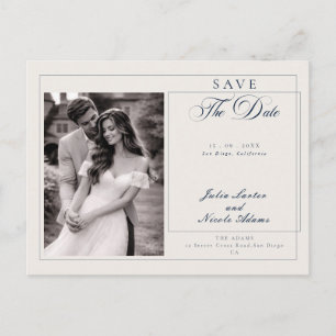 Classic Blue Calligraphy Photo Save The Date Postcard
