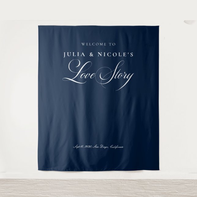Classic Blue Calligraphy Wedding Backdrops Banner  Tapestry (Front)