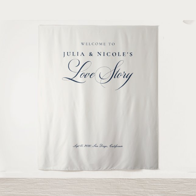Classic Blue Calligraphy Wedding Backdrops Banner  Tapestry (Front)