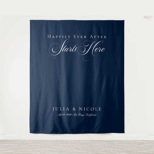 Classic Blue Calligraphy Wedding Backdrops Banner Tapestry (Front)