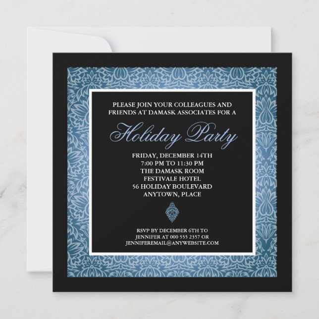 Classic Blue Damask Corporate Holiday Party Invitation (Front)