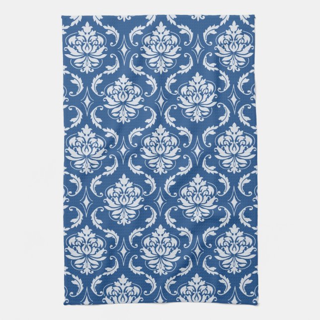 Classic Blue Damask Pattern Tea Towel (Vertical)