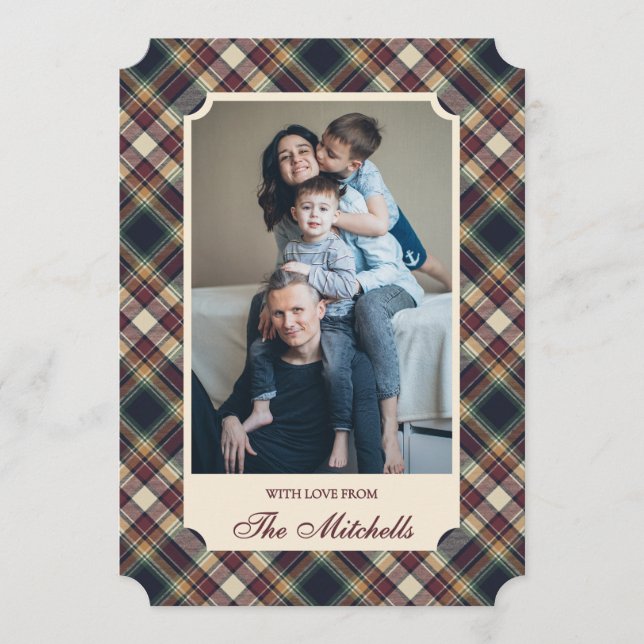 Classic Blue Dark Green Red Plaid Pattern Holiday Card (Front)