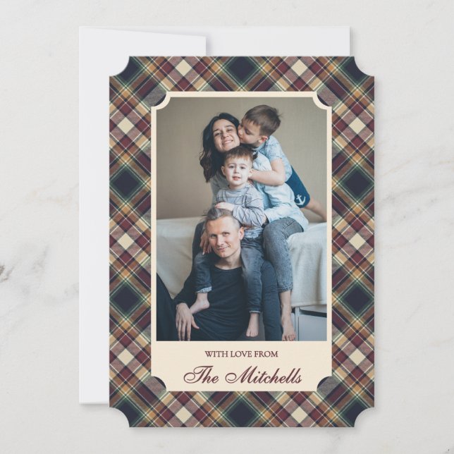 Classic Blue Dark Green Red Plaid Pattern Holiday Card (Front)