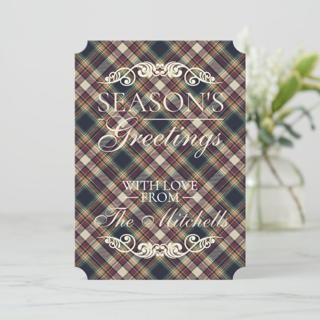 Classic Blue Dark Green Red Plaid Pattern Holiday Card (Standing Front)
