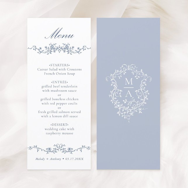 Classic Blue Floral Border Wedding Menu (Front & Back)