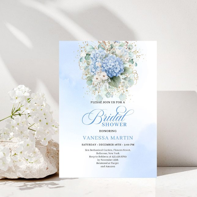 Classic Blue Floral Bridal Shower Gold Invitation (Classic Blue Floral Bridal Shower Gold Invitation)
