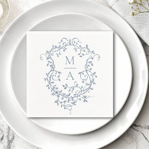 Classic Blue Floral Crest Monogram Wedding Napkin