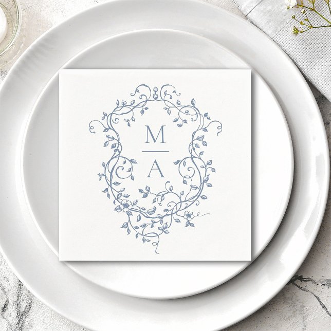 Classic Blue Floral Crest Monogram Wedding Napkin (Creator Uploaded)