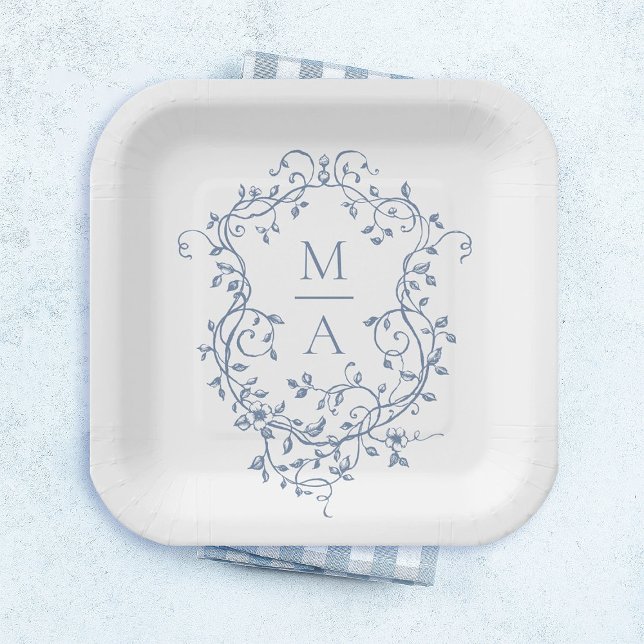 Classic Blue Floral Crest Monogram Wedding Paper Plate (Creator Uploaded)