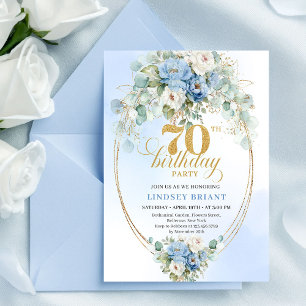 Classic Blue Floral Eucalyptus 70th Birthday Invit Invitation