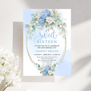 Classic Blue Floral Eucalyptus Sweet 16 Invitation