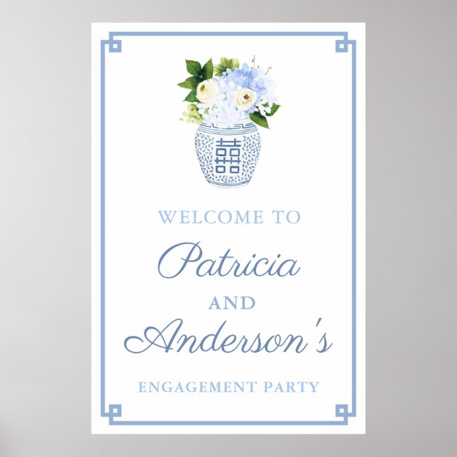 Classic Blue Floral Ginger Jar Engagement Party Poster (Front)