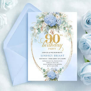 Classic Blue Floral Gold Greenery 90th Birthday Invitation
