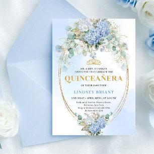 Classic Blue Floral Greenery Quinceañera Invite