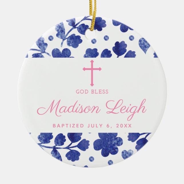 Classic Blue Floral Personalised Girl Baptism Ceramic Ornament (Front)
