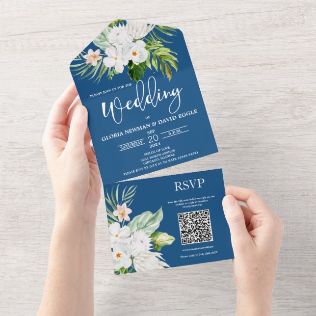 Classic Blue Floral QR Code All In One Invitation (Tearaway)