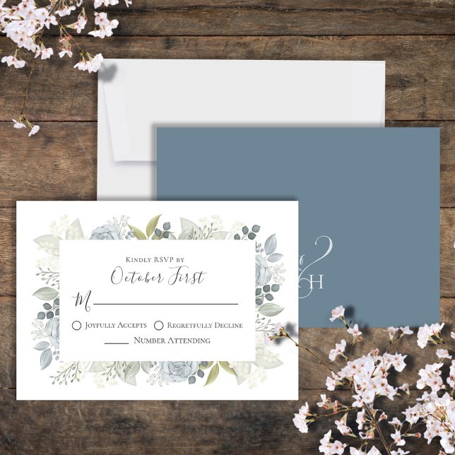 Classic Blue Floral Simple Elegant Calligraphy  RSVP Card (Classic Wedding RSVP card with a beautiful watercolor blue floral design. )