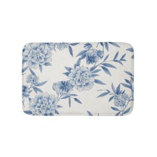 Classic Blue Floral Toile Watercolor Pattern White Bath Mat