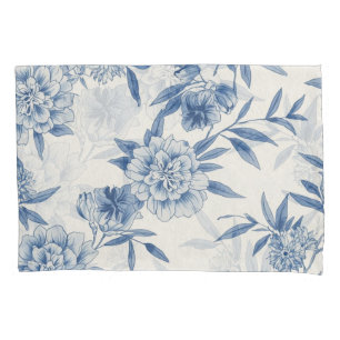 Classic Blue Floral Toile Watercolor Pattern White Pillowcase