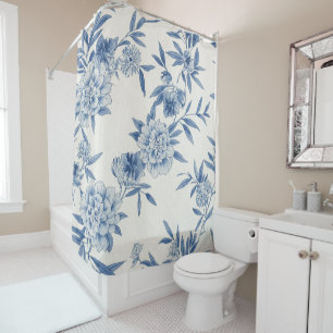 Classic Blue Floral Toile Watercolor Pattern White Shower Curtain